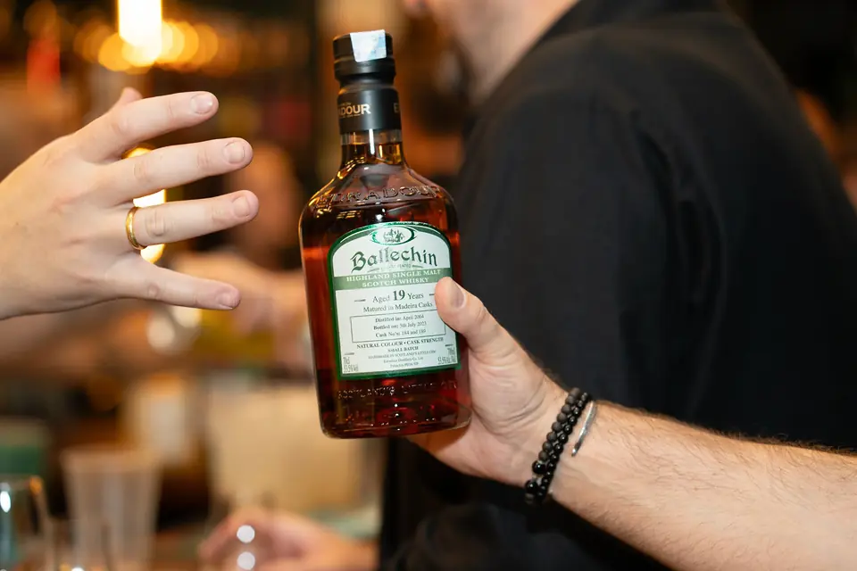 A bottle of Ballechin 19 Year Old, heavily peated Highland single malt matured in Madeira casks, at BARD Whisky Bar, Tbilisi
