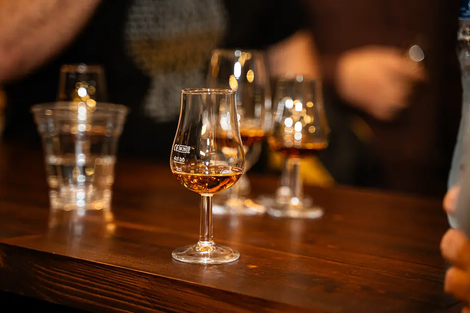 Whisky tasting flight in glasses on the bar at BARD Whisky Bar, Tbilisi